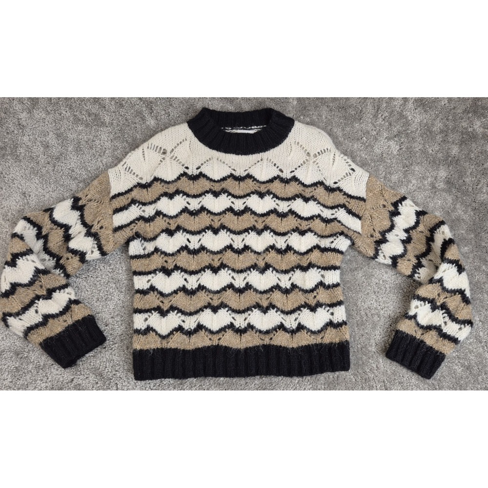 Lush Crew Neck‎ Knit Sweater Beige White Black Striped Women's Small Wool Blend